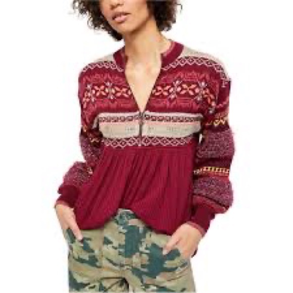 Free People Cozy Cabin Winter Fair Isle Peplum Sweater in Pomegranate Wine XS - Picture 2 of 11